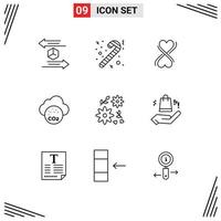 conjunto de 9 sinais de símbolos de ícones de interface do usuário modernos para buquê de presente, poluição do coração, dióxido de carbono, elementos de design de vetores editáveis