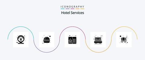 pacote de ícones de glifo 5 de serviços de hotel, incluindo bagagem. carrinho. cardápio. descanso. Duplo vetor