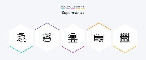 pacote de ícones de 25 linhas de supermercado, incluindo mercadorias. finança. fazer compras. débito. crédito vetor