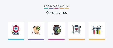 a linha de coronavírus encheu o pacote de 5 ícones, incluindo remédios. miúdo. fazer compras. primeiro socorro. médico. design de ícones criativos vetor