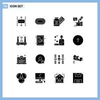 conjunto moderno de 16 glifos e símbolos sólidos, como elementos de design de vetores editáveis de drogas de campanha de esportes sociais do facebook