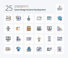 design de jogos e desenvolvimento de jogos Pacote de ícones preenchidos com 25 linhas, incluindo layout. Projeto. controle de video game. Função. missão vetor