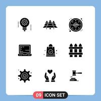 conjunto de 9 símbolos de ícones de interface do usuário modernos, sinais para bolsa de mão, árvore de escritório, regulamentos de laptop, elementos de design de vetores editáveis