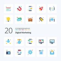 Pacote de ícones de 20 cores planas de marketing digital, como diagrama de bate-papo por vídeo, navegador de vídeo on-line vetor