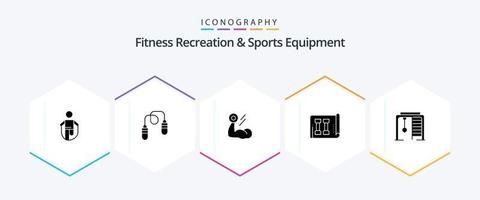 recreação de fitness e equipamentos esportivos pacote de ícones de 25 glifos, incluindo esportes. ginástica. pulando. equipamento. músculo vetor