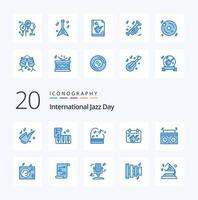 20 pacote de ícones de cor azul do dia internacional do jazz, como reprodutor de áudio, música, reprodução de música vetor