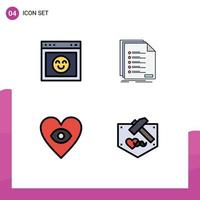 conjunto de cores planas de linha preenchida de interface móvel de 4 pictogramas de lista de sites de olho de navegador amo elementos de design de vetores editáveis