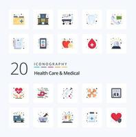 Pacote de ícones de 20 cuidados de saúde e cores planas médicas, como escala de máquina, dieta hospitalar médica vetor
