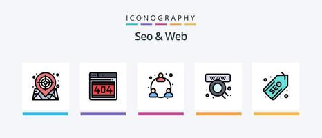 SEO e linha da web preencheram o pacote de 5 ícones, incluindo o tempo. relógio. olhos. alerta. dinheiro. design de ícones criativos vetor