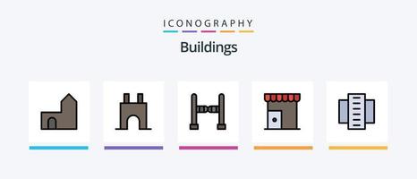 linha de edifícios cheia de 5 ícones, incluindo castelo. fazer compras. cabana. Mercado. prédio. design de ícones criativos vetor