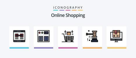 linha de compras on-line cheia de 5 ícones, incluindo martelo. leilão. embalagem. namorados. produtos. design de ícones criativos vetor