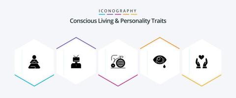Vida consciente e traços de personalidade Pacote de ícones de 25 glifos, incluindo cuidados. olho. pessoa. inclinação. inspiração vetor