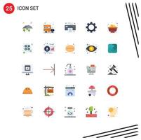 25 sinais universais de cores planas, símbolos de tigela de comida, tecnologia de escritório, gadget, elementos de design de vetores editáveis