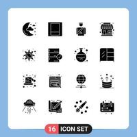 conjunto de pictogramas de 16 glifos sólidos simples de elementos de design de vetores editáveis de loja de negócios de hotel de brilho solar
