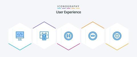 experiência do usuário 25 pacote de ícones azul, incluindo . retirar. controles. meios de comunicação. menos vetor