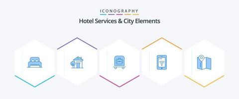 serviços de hotel e elementos da cidade 25 pacote de ícones azuis, incluindo mapa. Wi-fi. hotel. serviço. Móvel vetor