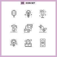grupo de símbolos de ícone universal de 9 contornos modernos de cartão sem dinheiro álcool educação graduação elementos de design de vetores editáveis