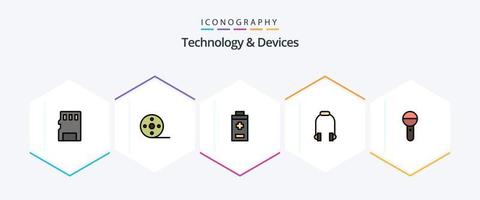 dispositivos 25 pacote de ícones de linha preenchida, incluindo microfone. meios de comunicação. bateria. música. fone de ouvido vetor