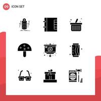 9 ícones criativos, sinais e símbolos modernos de apresentação de gráficos, compras on-line, vegetais, cogumelos, elementos de design de vetores editáveis