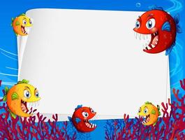 modelo de papel em branco com personagem de desenho animado de peixes exóticos na cena subaquática vetor