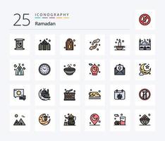 Pacote de ícones cheios de 25 linhas do Ramadã, incluindo Islã. Aladim. muçulmano. shahada. mãos vetor
