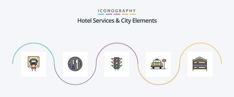 serviços de hotelaria e linha de elementos da cidade preenchida com 5 ícones planos, incluindo quarto. serviço. tráfego. hotel. carro vetor