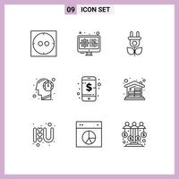9 ícones criativos sinais e símbolos modernos de gestão inteligente natureza negócios mente elementos de design vetoriais editáveis vetor