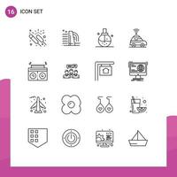 conjunto de pictogramas de 16 contornos simples de elementos de design de vetores editáveis da indústria de localização de música