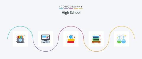 pacote de ícones plana 5 do ensino médio, incluindo laboratório. estante. Educação. livros. globo vetor