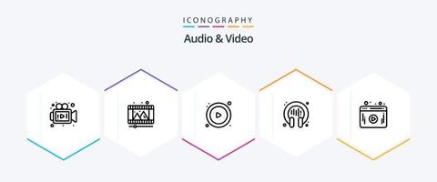 pacote de ícones de 25 linhas de áudio e vídeo, incluindo . rede. Toque. vídeo. fone de ouvido vetor