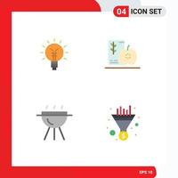 conjunto de 4 pacotes de ícones planos comerciais para lâmpada, frutas, ideia, café da manhã, churrasco, vetores editáveis, elementos de design