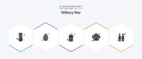 pacote de ícones de 25 glifos de guerra militar, incluindo arma. acampamento. investigação. saco. exército vetor