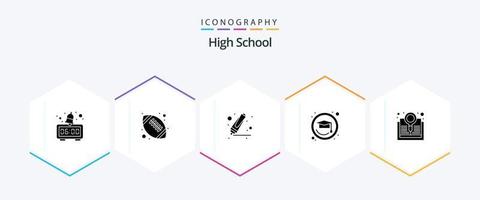 pacote de ícones de 25 glifos do ensino médio, incluindo . pesquisa. marcador. explorar. chapéu de graduação vetor