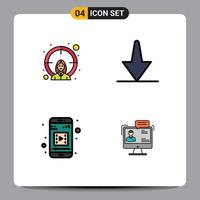 conjunto de 4 sinais de símbolos de ícones de interface do usuário modernos para objetivo de vídeo móvel de funcionário para baixo elementos de design de vetores editáveis de negócios