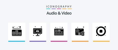 pacote de ícones de glifo 5 de áudio e vídeo, incluindo música. jogador. televisão k. vídeo. excluir. design de ícones criativos vetor