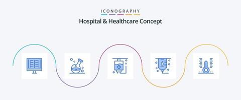hospital e conceito de saúde pacote de ícones azul 5 incluindo termômetro. hospital. laboratório. cuidados de saúde. médico vetor