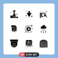 pacote de interface do usuário de 9 glifos sólidos básicos de moeda parede fechada adversário refém elementos de design de vetores editáveis