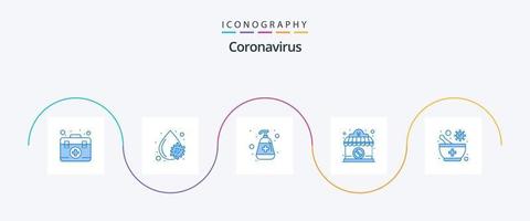 pacote de ícones azul coronavírus 5, incluindo remédios. o sinal. lavar à mão. fazer compras. médico vetor