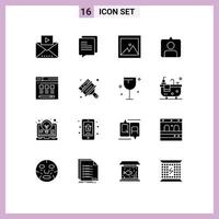 pacote de glifos sólidos de 16 símbolos universais de artes que hospedam servidores de fotos definem elementos de design de vetores editáveis
