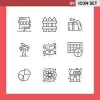 conjunto moderno de 9 contornos e símbolos, como elementos de design de vetores editáveis de casamento global de madeira de palmeira da índia