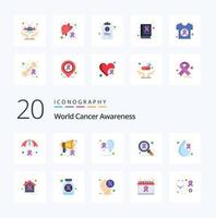 20 pacotes de ícones de cores planas de conscientização mundial sobre o câncer, como o mundo da infecção de balões de pesquisa de sangue vetor