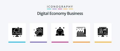 pacote de ícones de glyph 5 de negócios de economia digital, incluindo online. economia. configuração. fábrica. rede. design de ícones criativos vetor