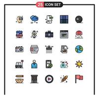 25 interface do usuário linha cheia pacote de cores planas de sinais e símbolos modernos de layout de sinuca grade de tempo chuvoso smartphone elementos de design de vetores editáveis