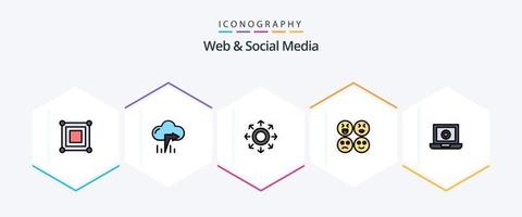 web e mídia social 25 pacote de ícones de linha preenchida, incluindo coração. computador. dados. triste. emojis vetor