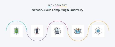 computação em nuvem de rede e linha de cidade inteligente cheia de pacote de 5 ícones planos, incluindo corpo. transporte. gestão. público. Comboio vetor