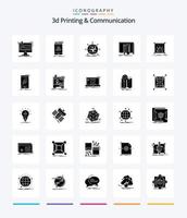 impressão 3D criativa e comunicação pacote de ícones preto sólido de 25 glifos, como laboratório. equipamento. produtos. Construir. rede vetor