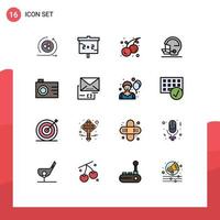 conjunto de linha cheia de cores planas de interface móvel de 16 pictogramas de câmera fotográfica verão esportes segurança editáveis elementos de design de vetores criativos