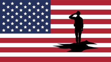 Soldado saudando a silhueta com o fundo da bandeira dos EUA vetor