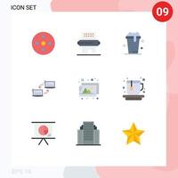 conjunto de pictogramas de 9 cores planas simples de conexão de pinos de link de sincronização, limpeza de elementos de design de vetores editáveis