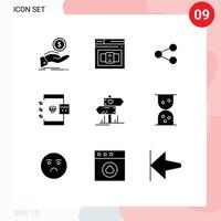 9 glifos sólidos universais definidos para desenvolvimento de aplicativos da web e móveis, codificação de navegador html, compartilhamento de elementos de design vetorial editáveis vetor
